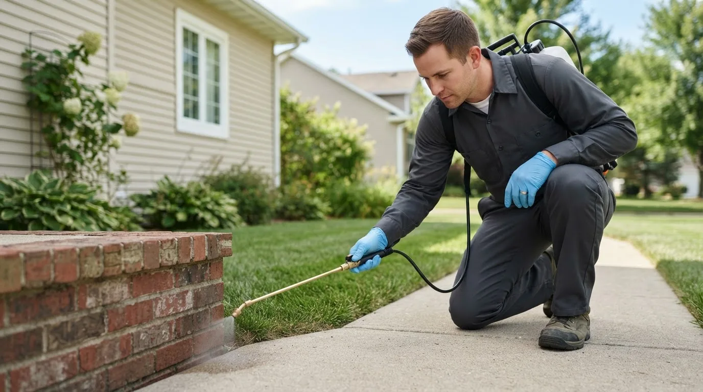 Pest control technician treating a home near Belpre, KS