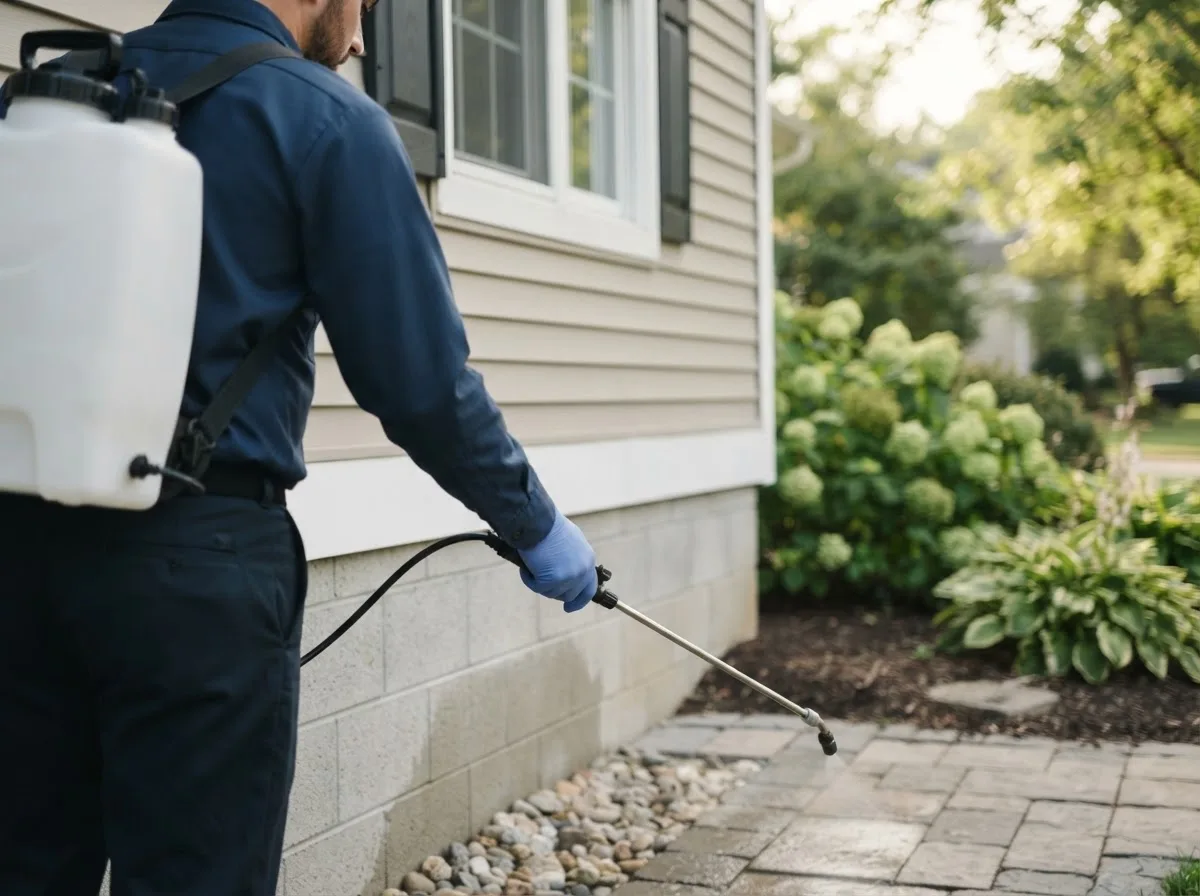 Pest control technician inspecting a home in Belpre, KS